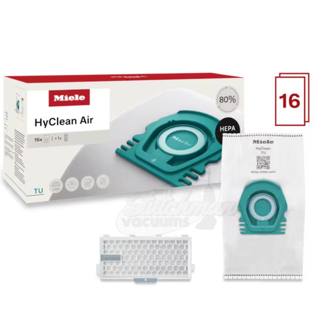 Miele HyClean Air HEPA vacuum filter replacement kit, showing the retail packaging box, a white HEPA filter element, and a white vacuum bag with a teal filter insert, on a white background with a red '16' count badge.