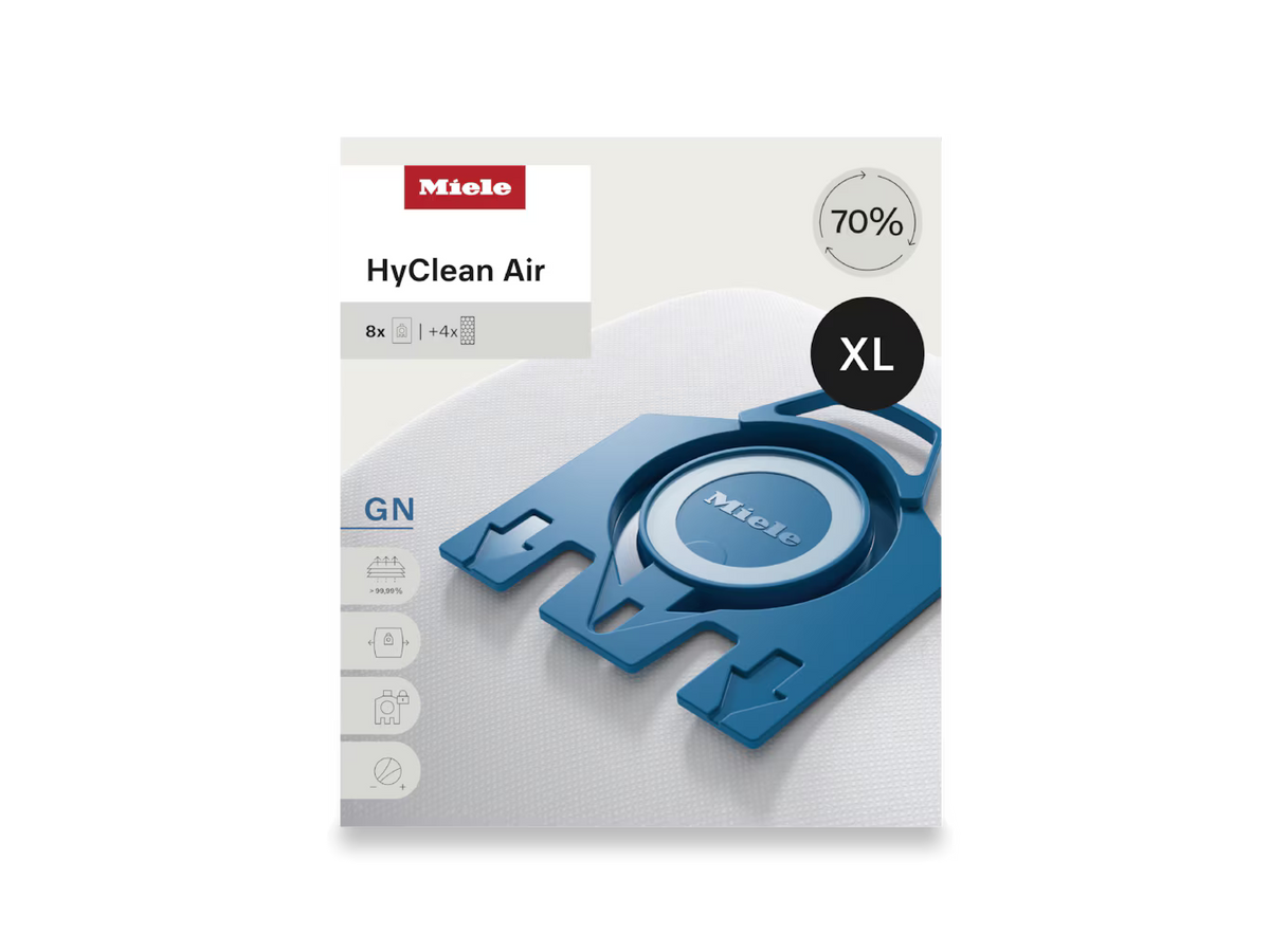 Miele HyClean Air product package of 8 bags with blue filter on a white background