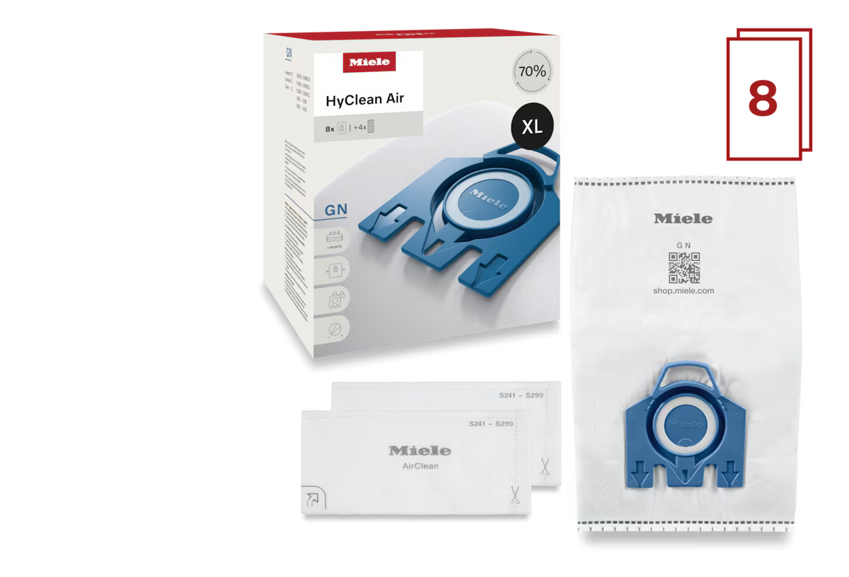 Miele HyClean Air GN XL vacuum dust bags and packaging on a white background, including a box, prefilter and AirClean post filter, one bag in a clear sleeve, and a red number 8 badge.