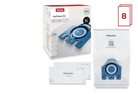 Miele HyClean Air GN XL vacuum dust bags and packaging on a white background, including a box, prefilter and AirClean post filter, one bag in a clear sleeve, and a red number 8 badge.